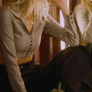 Zara Houndstooth Cropped Jacket Blazer Women’s Size M Cream Black Trendy Casual